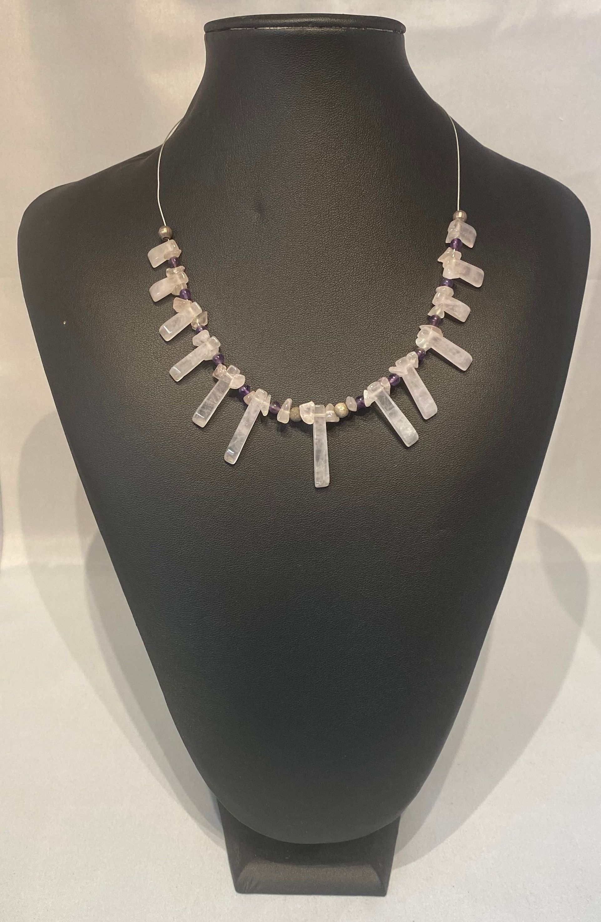 Rose quartz tapered necklace on flex-rite 49 sterling silver plated jewellery wire Rose quartz tapered necklace on flex-rite 49 sterling silver plated jewellery wire
