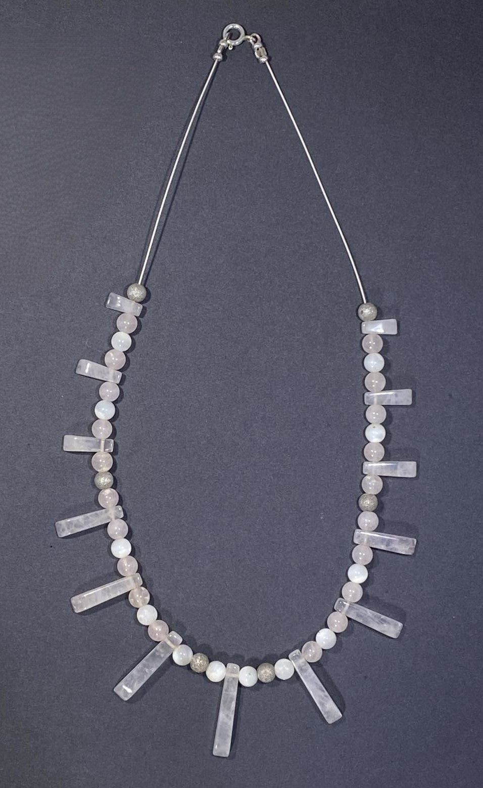 Rose Quartz Tapered and Mother of Pearl Gem Stone Necklace Rose Quartz Tapered and Mother of Pearl Gem Stone Necklace