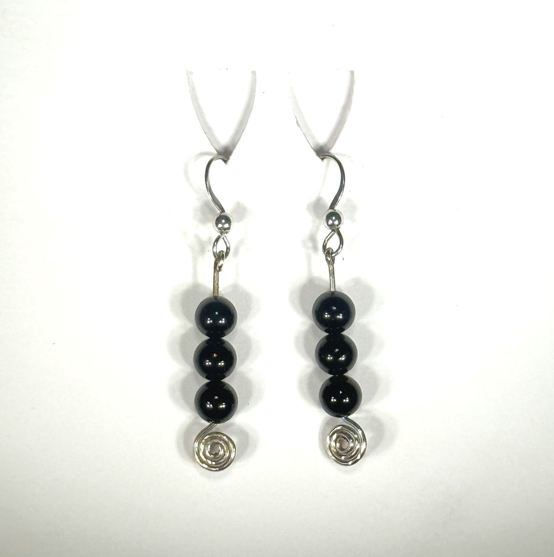 Triple Onyx Gemstone Earrings 3 onyx beads on Stirling Silver Shepherds Crook ear wire
