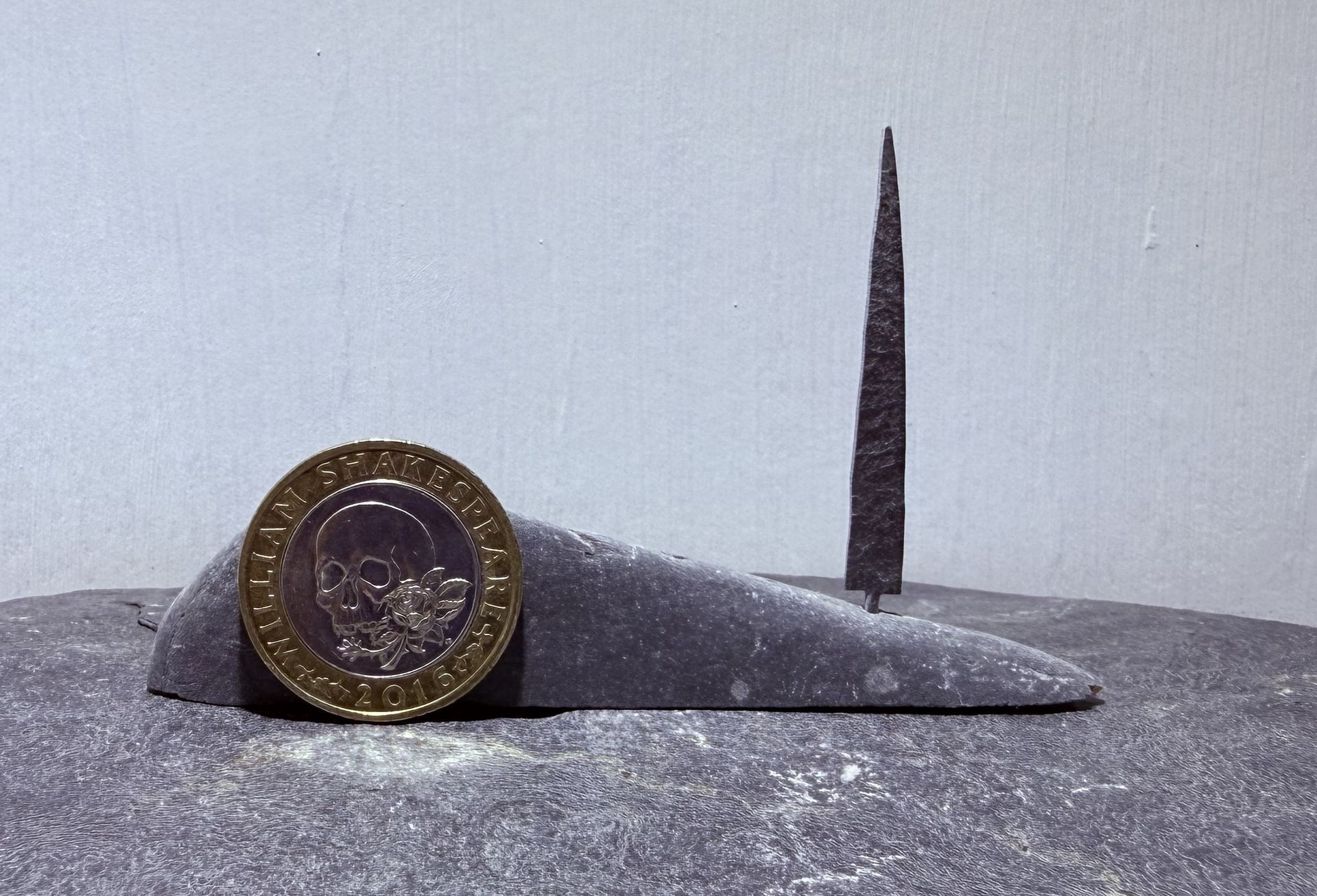 1 Tall Tiny Tree on a hill with £2 coin for scale 1 Tall Tiny Tree on a hill