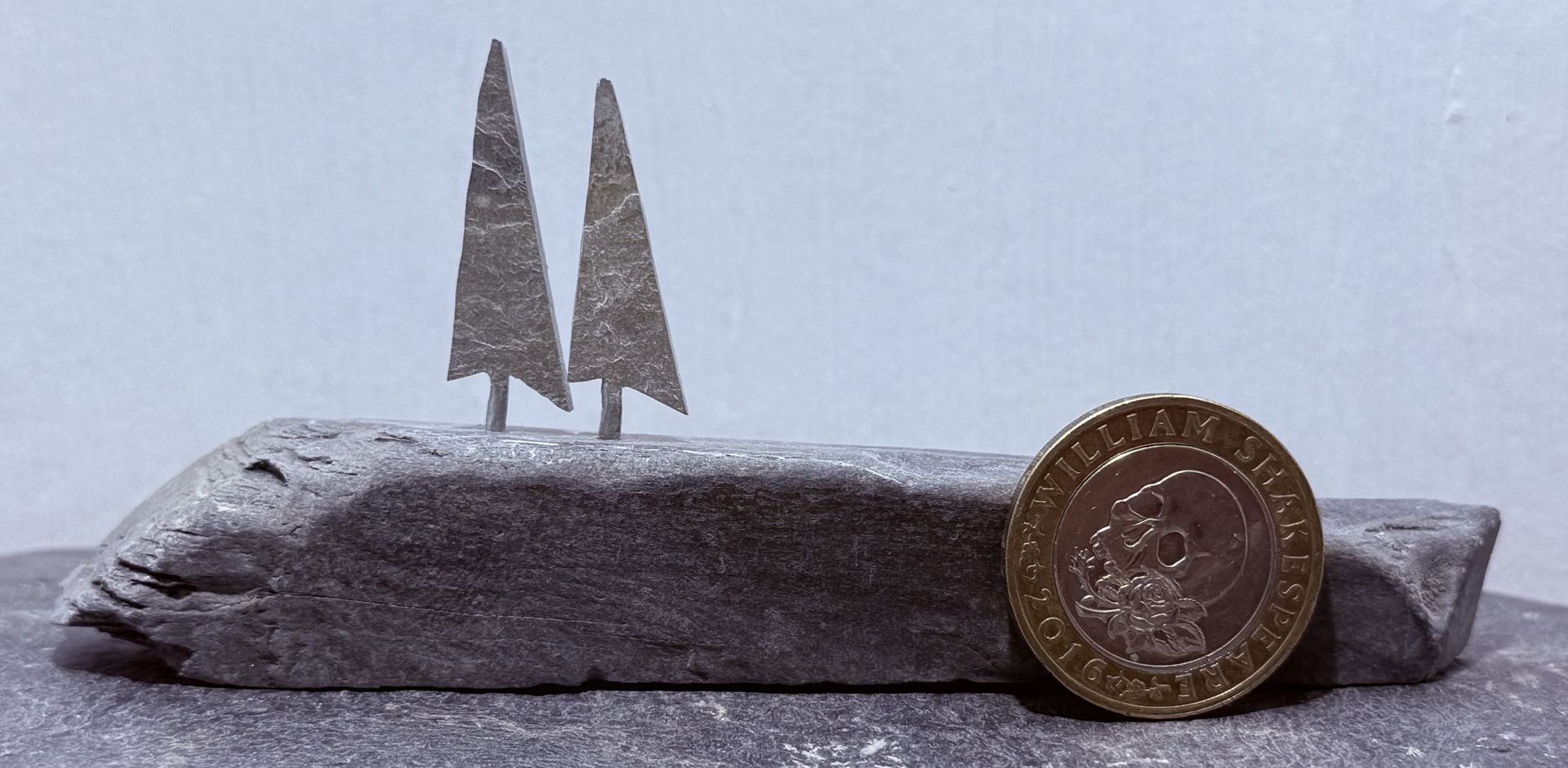 2 Tiny Trees on a Hill with £2 coin for scale 2 Tiny Trees on a Hill