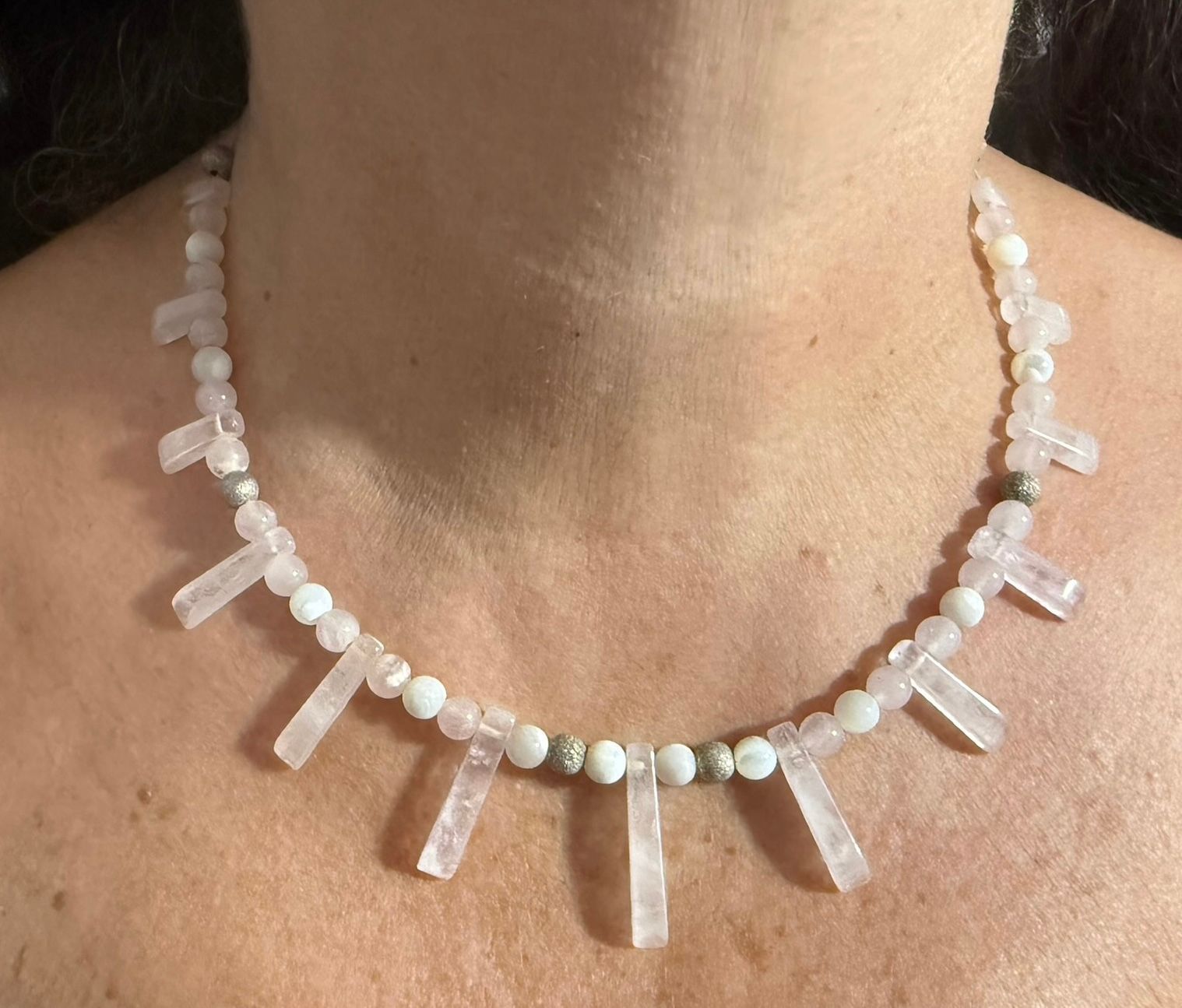Rose Quartz Tapered and Mother of Pearl Gem Stone Necklace