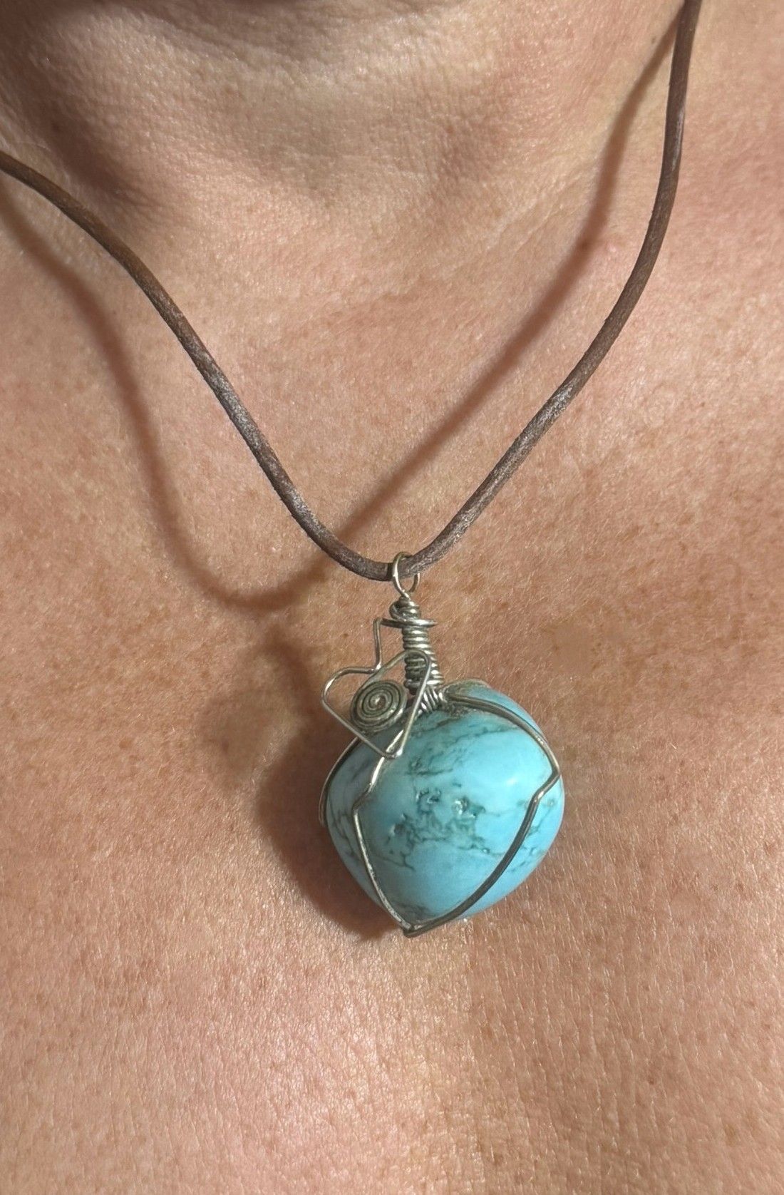 Wire Wrapped Turquoise Tumbled Stone with Heart Design