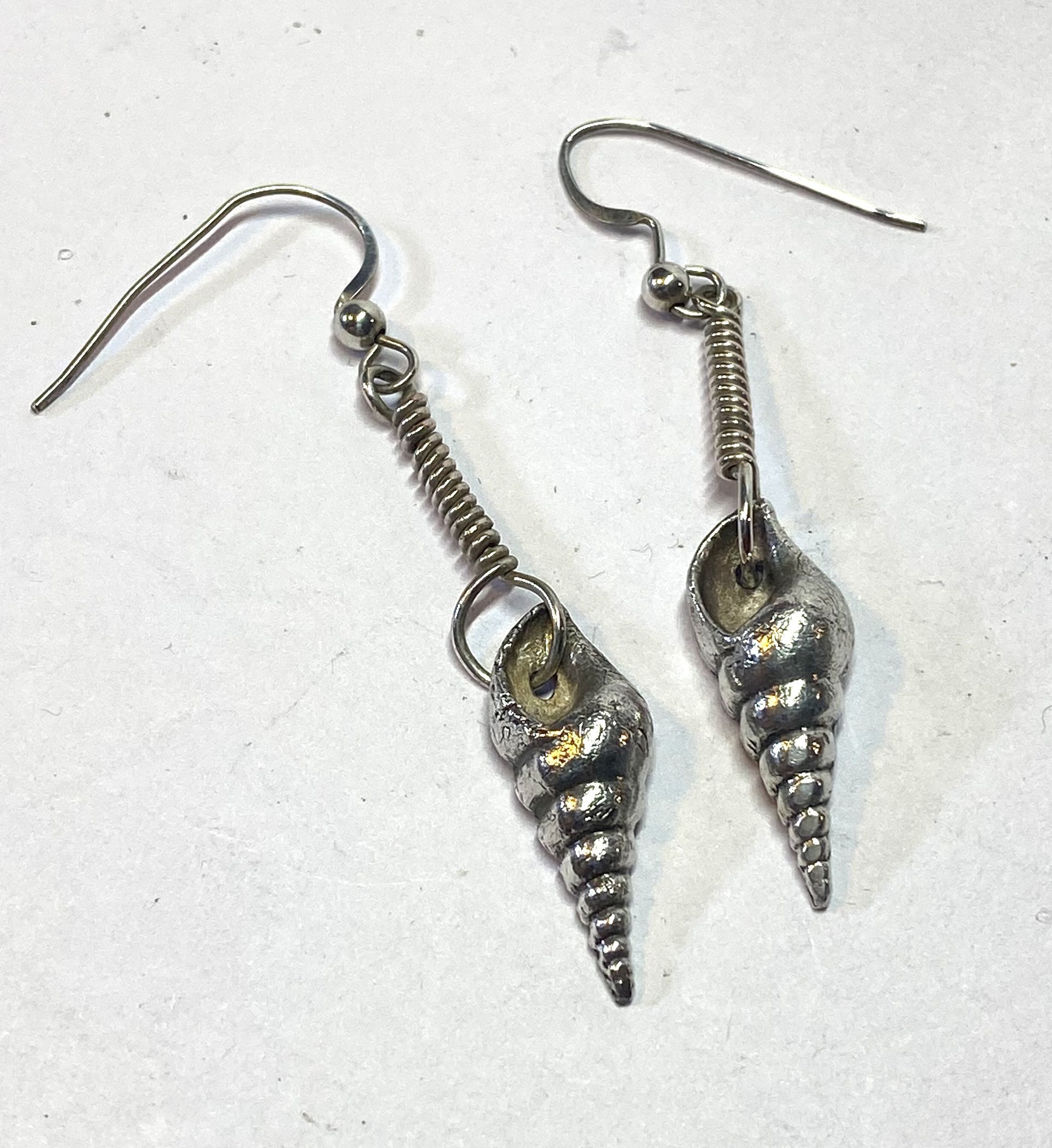 PMC3 Silver coiled shell earrings on Sterling Silver shepherds crook ear wires.