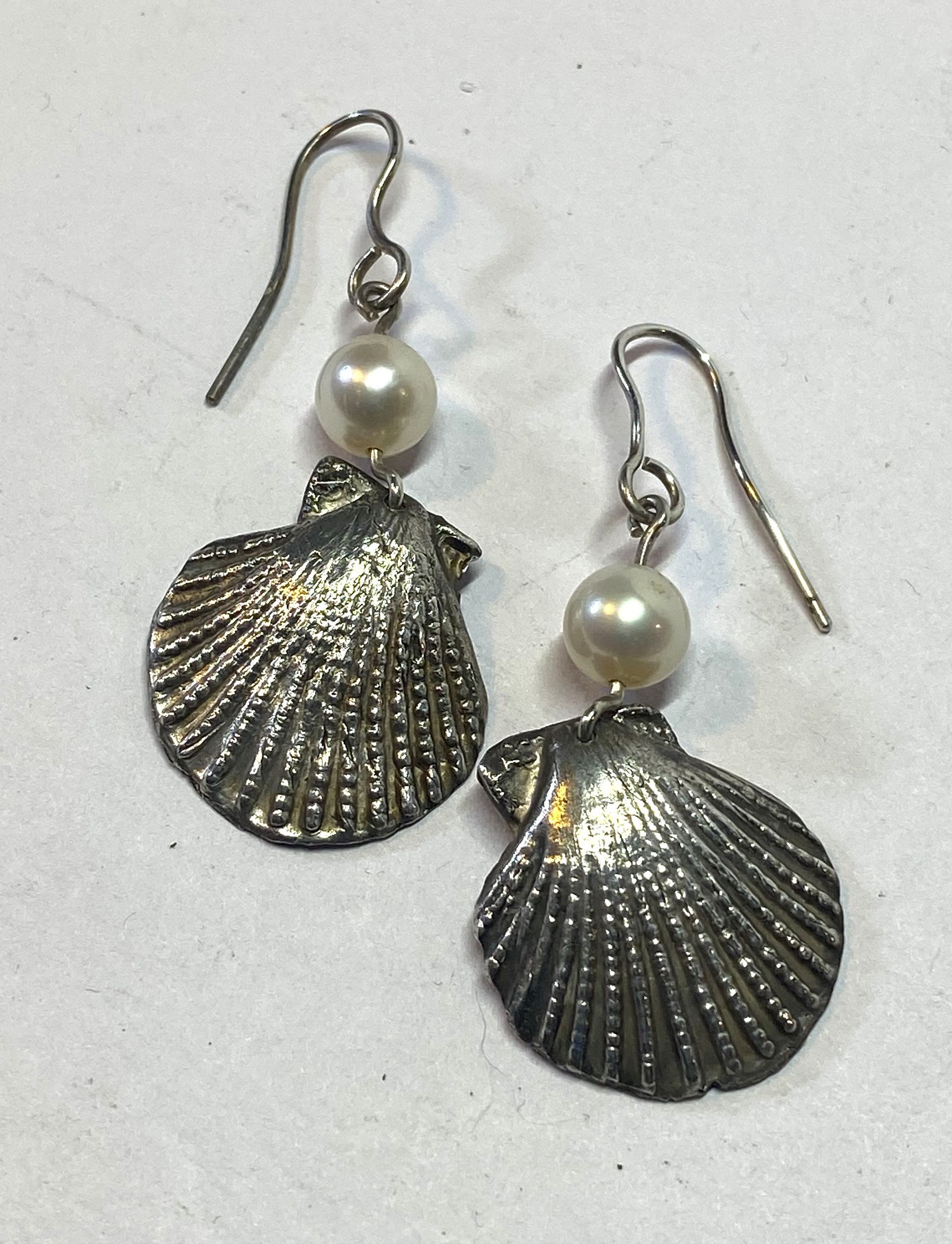PMC3 Silver Cockle Shell earrings with freshwater pearls on Sterling Silver shepherds crook ear wires.