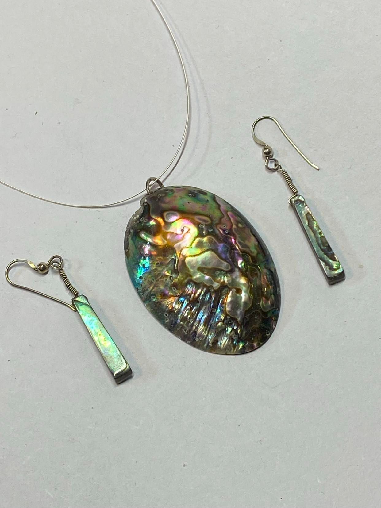 Paua Shell Oval Pendant and tapered earrings set.
