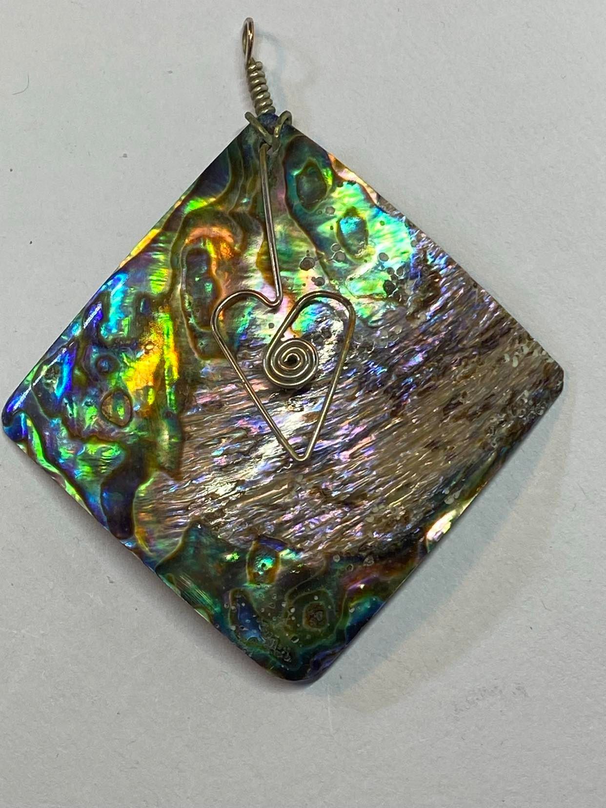 Square Paua Shell with Silver Coated Copper Wire Heart Design Paua Shell pendant with wire heart