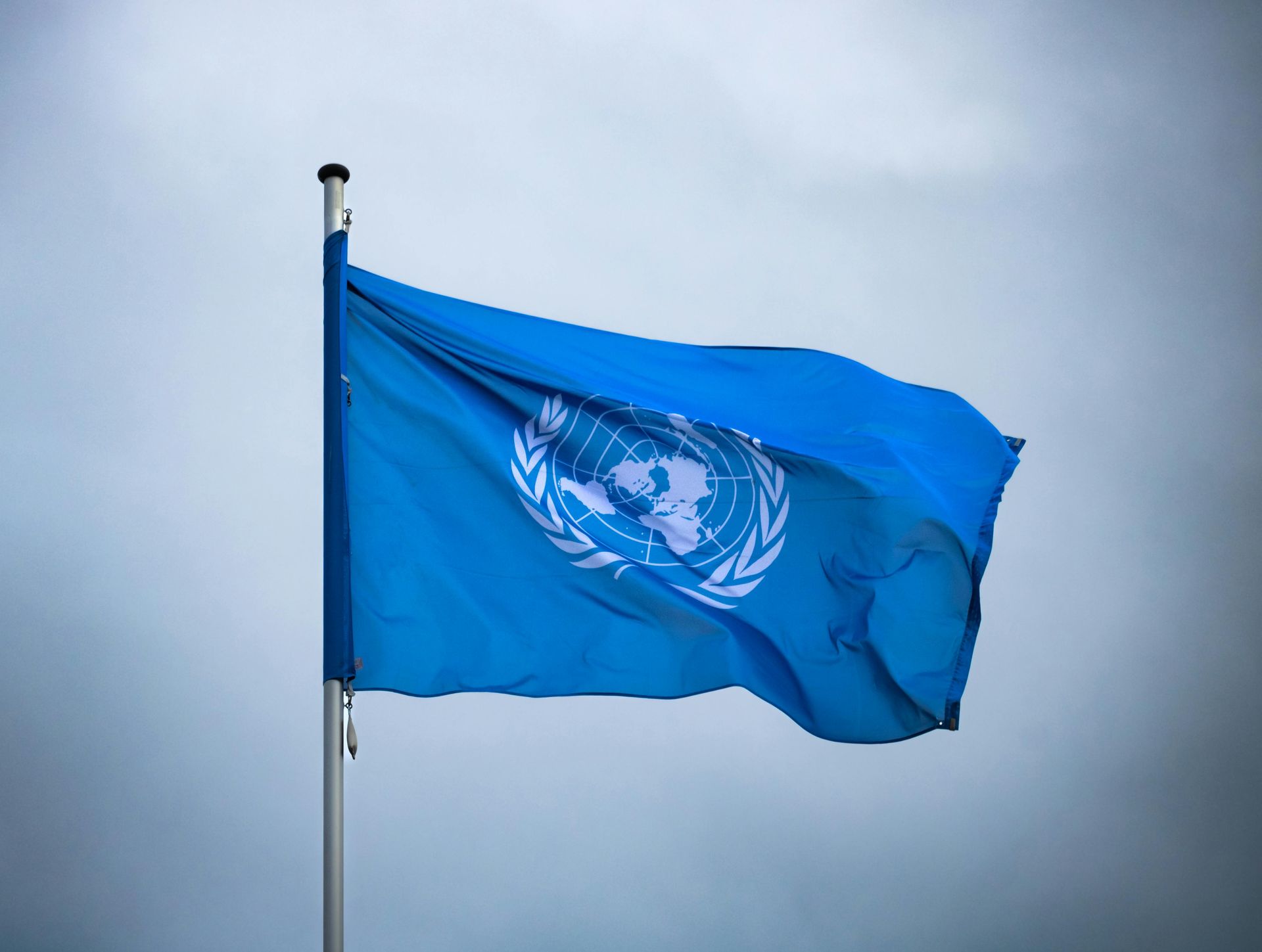 A blue united nations flag is flying in the wind