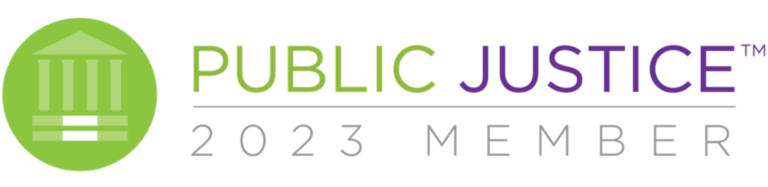 A green and purple logo for public justice 2023 member