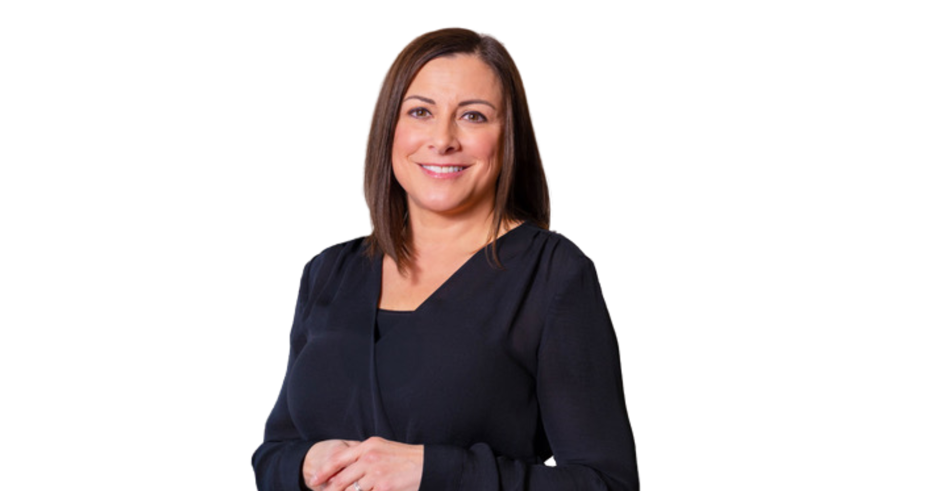 Woman in a dark blouse smiling against a white background