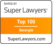 A badge that says `` rated by super lawyers top 100 georgia ''.