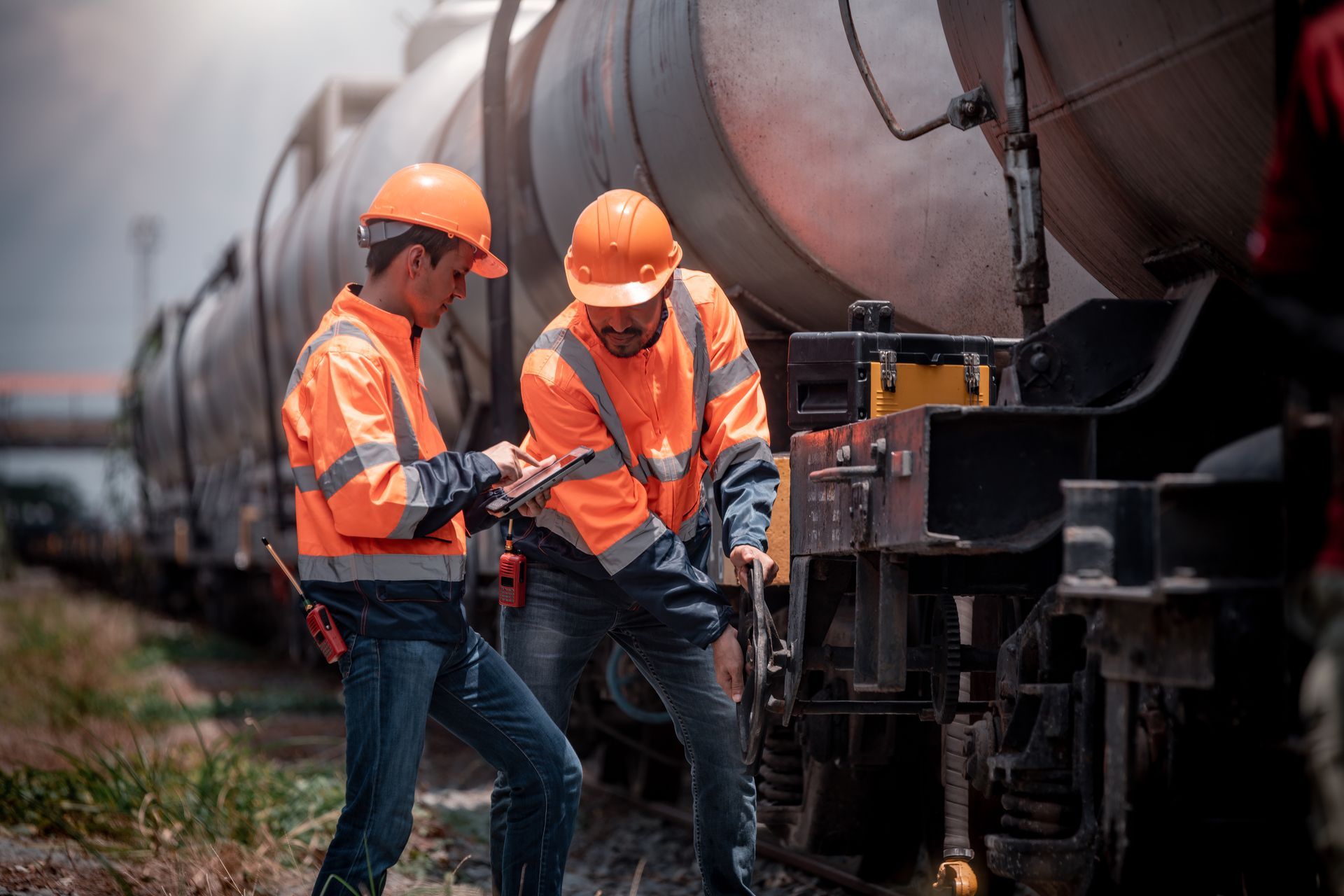 Two workers in orange safety gear and hard hats inspect a train tanker beside railroad tracks.