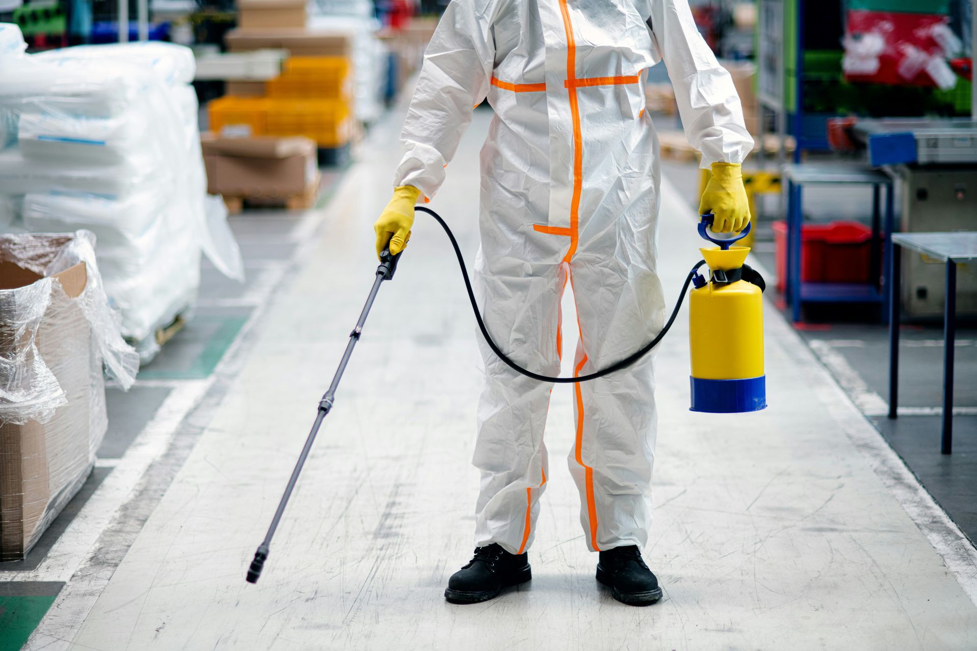 Person in white protective suit using a sprayer in a factory aisle
