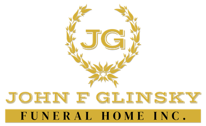 Gold laurel wreath with “JG” above John F. Glinsky Funeral Home Inc. in gold and black