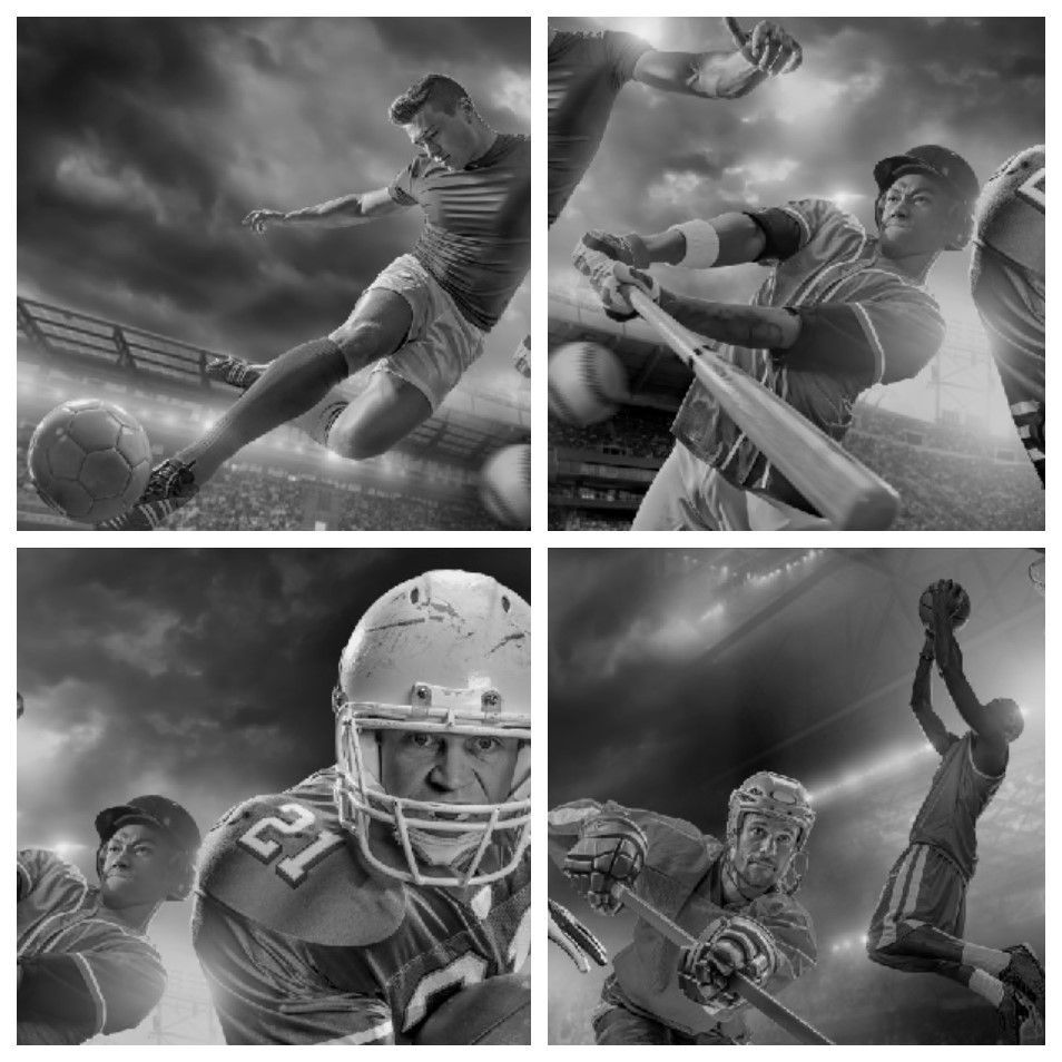 Athletes playing sports: soccer, baseball, football, and basketball in a stadium setting, grayscale.