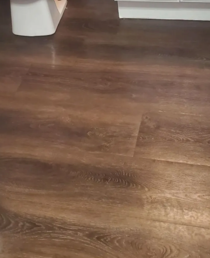 A close up of a wooden floor with a toilet in the background.