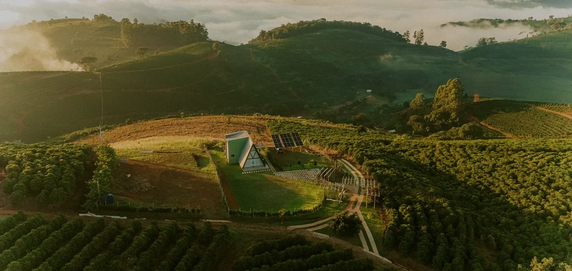 Colinas verdes em socalcos banhadas pelo sol, com um pequeno caminho e montanhas envoltas em névoa ao fundo.