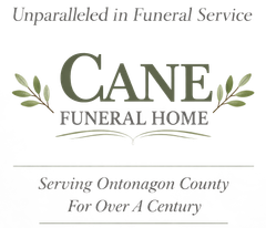 Cane Funeral Home & Cremation Services logo. Gray text, a century of service to Ontonagon County.