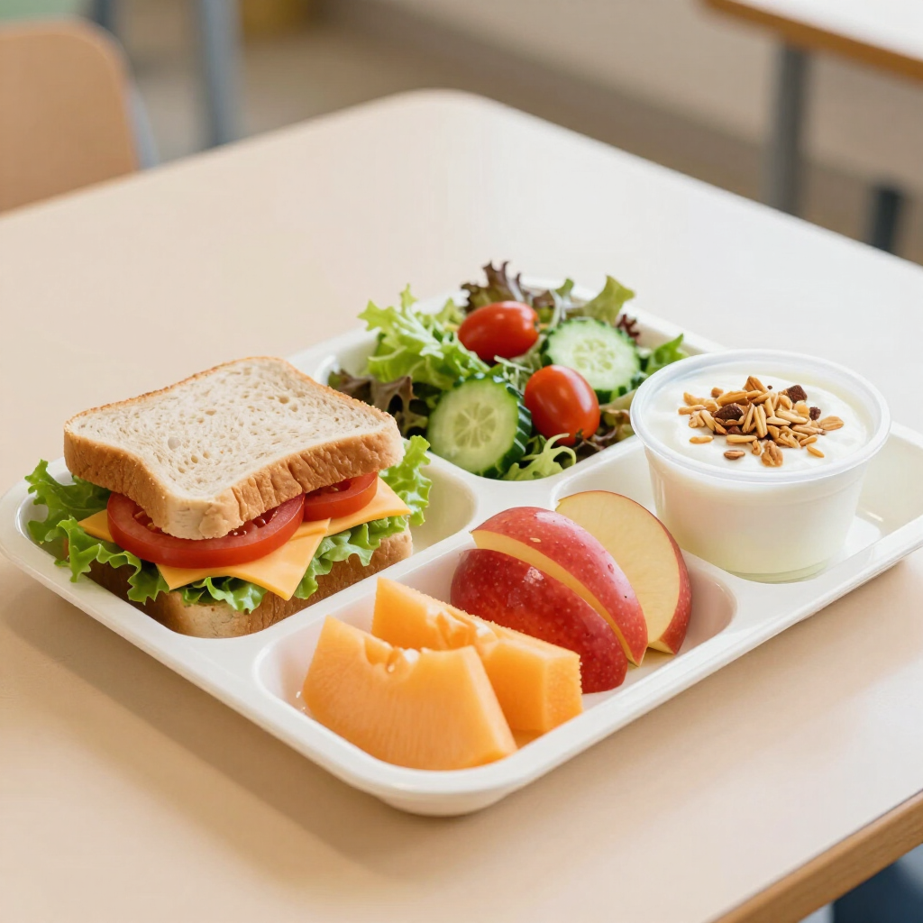 Sandwich, salad, fruit slices, and yogurt on a white tray on a table