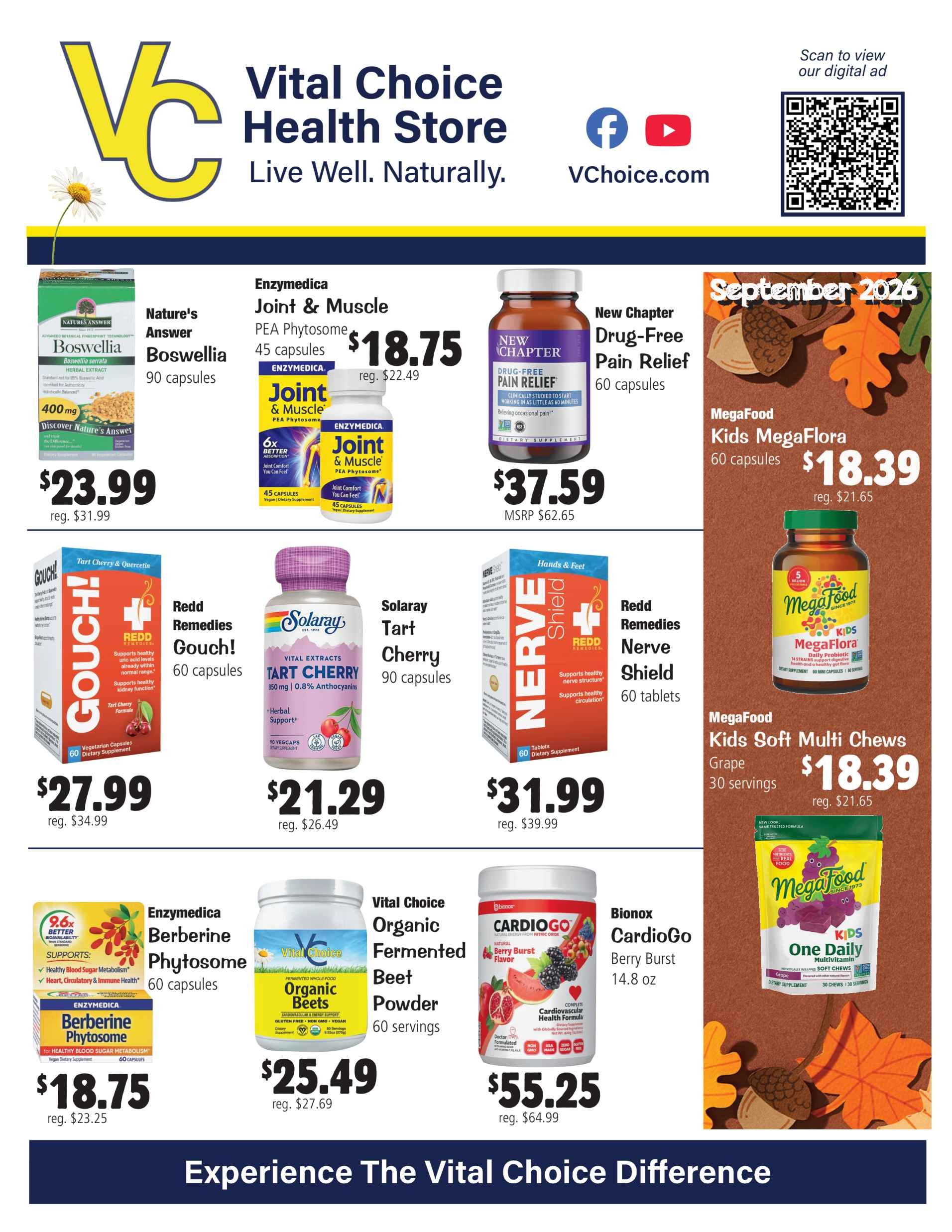 Advertisement for Vital Choice Health Store, featuring various supplements with prices.