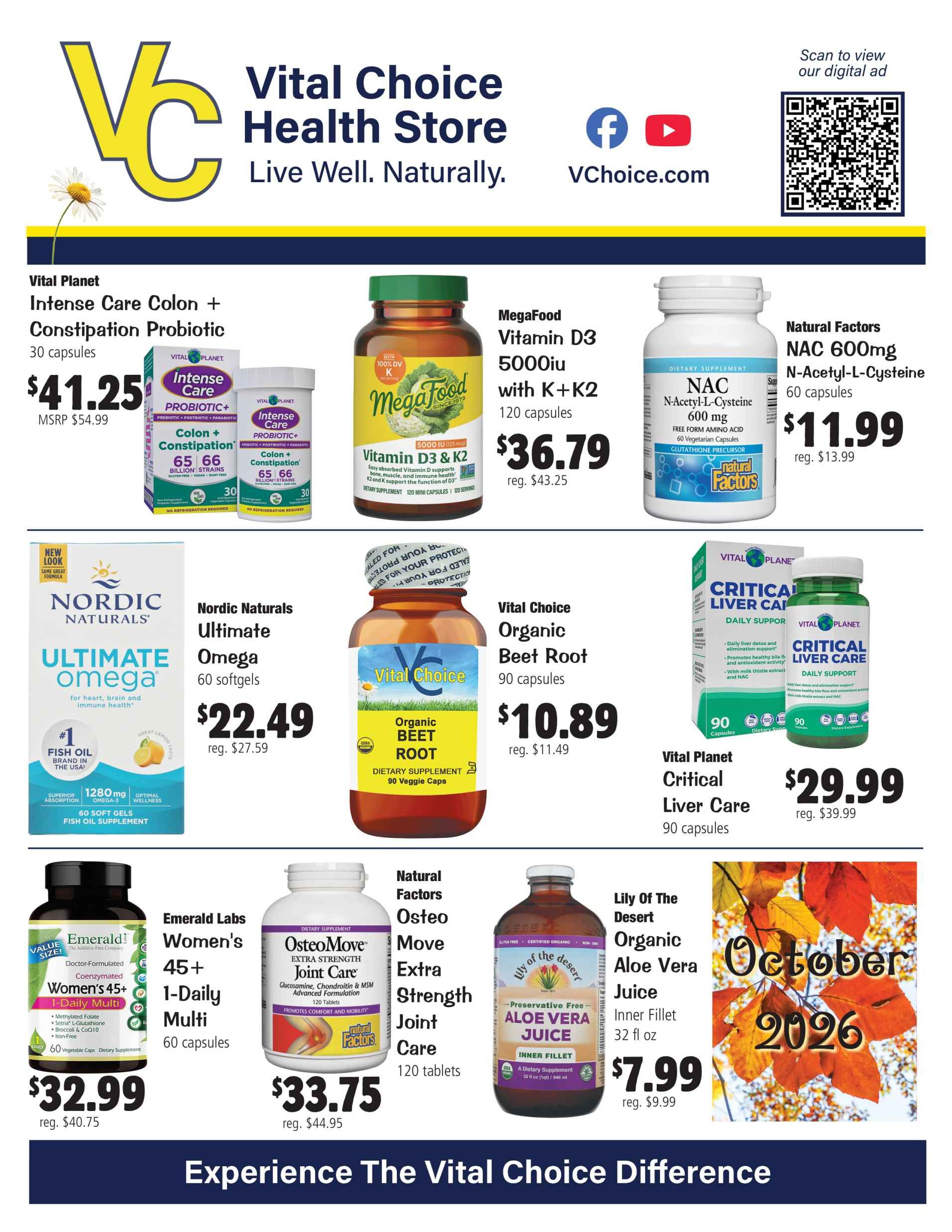 Advertisement for Vital Choice Health Store, featuring various supplements with prices.