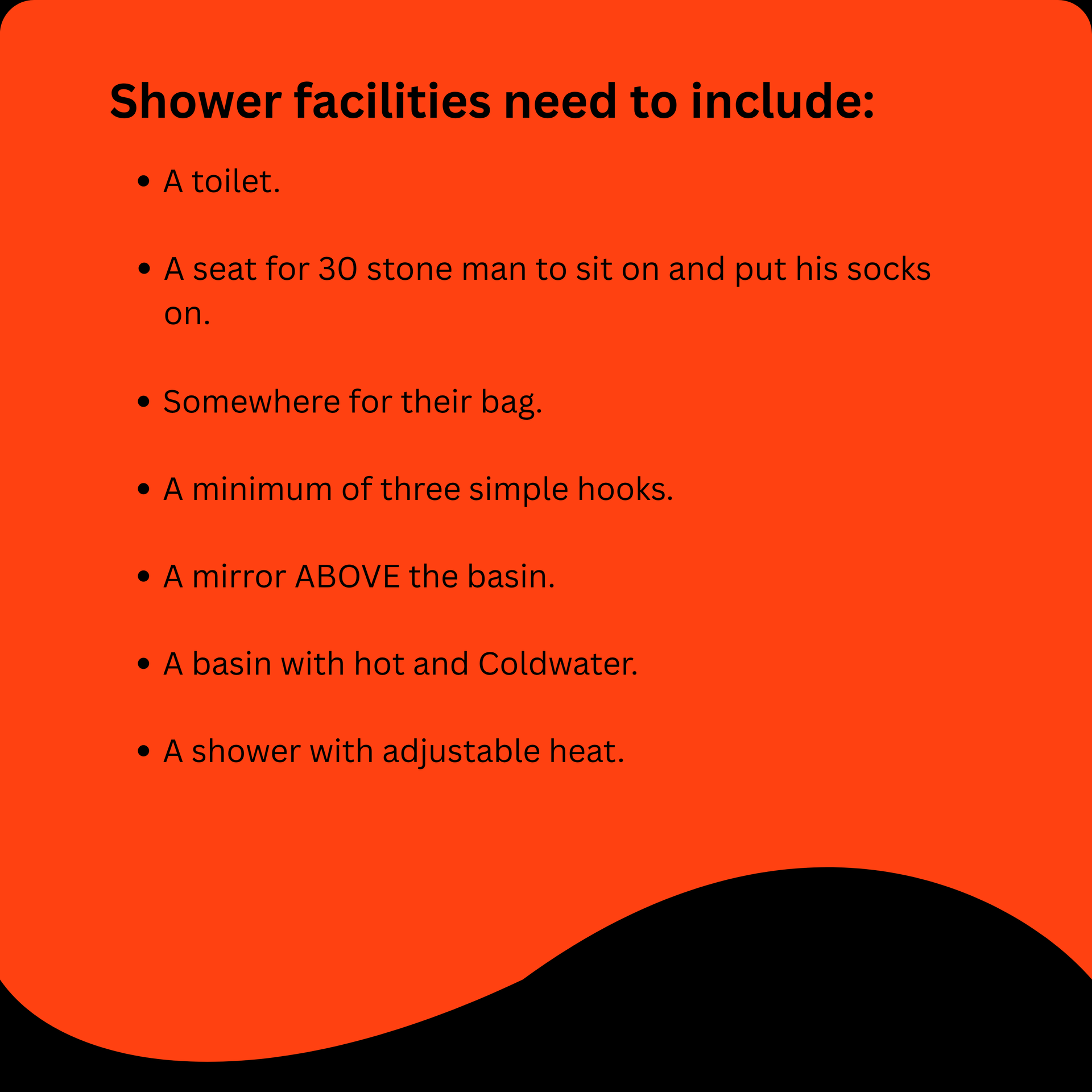 Orange text lists shower facility requirements: toilet, seat, bag space, hooks, mirror, basin, shower.