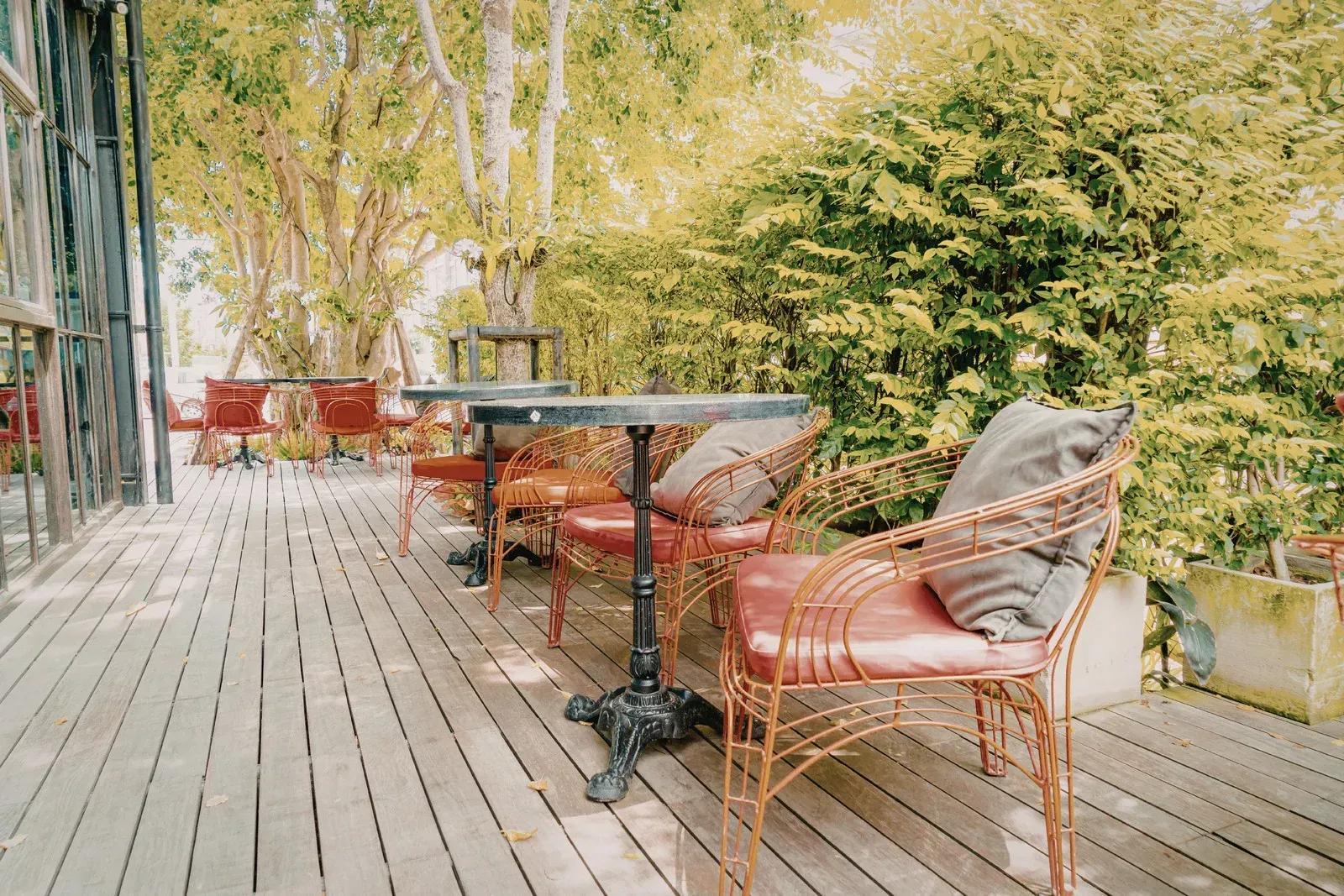Outdoor cafe with tables, red chairs, and trees. Wooden deck with sunshine.