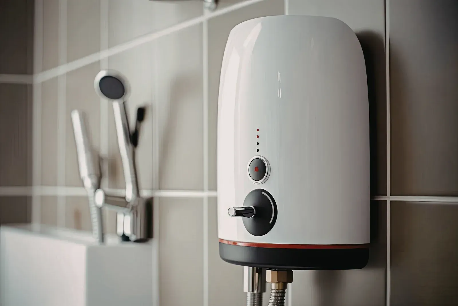 White electric water heater on a tiled bathroom wall near a showerhead.