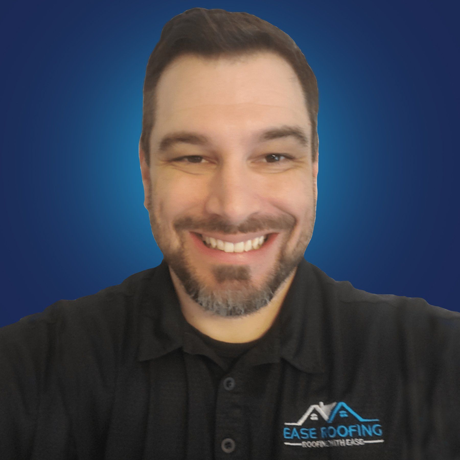 A man with a beard wearing a black shirt that says ease roofing