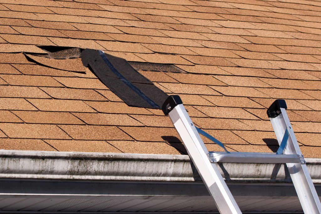 A ladder is sitting on top of a roof with a hole in it.