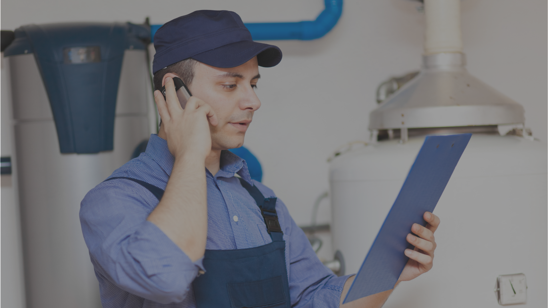 A plumber is talking on a cell phone while holding a clipboard.
