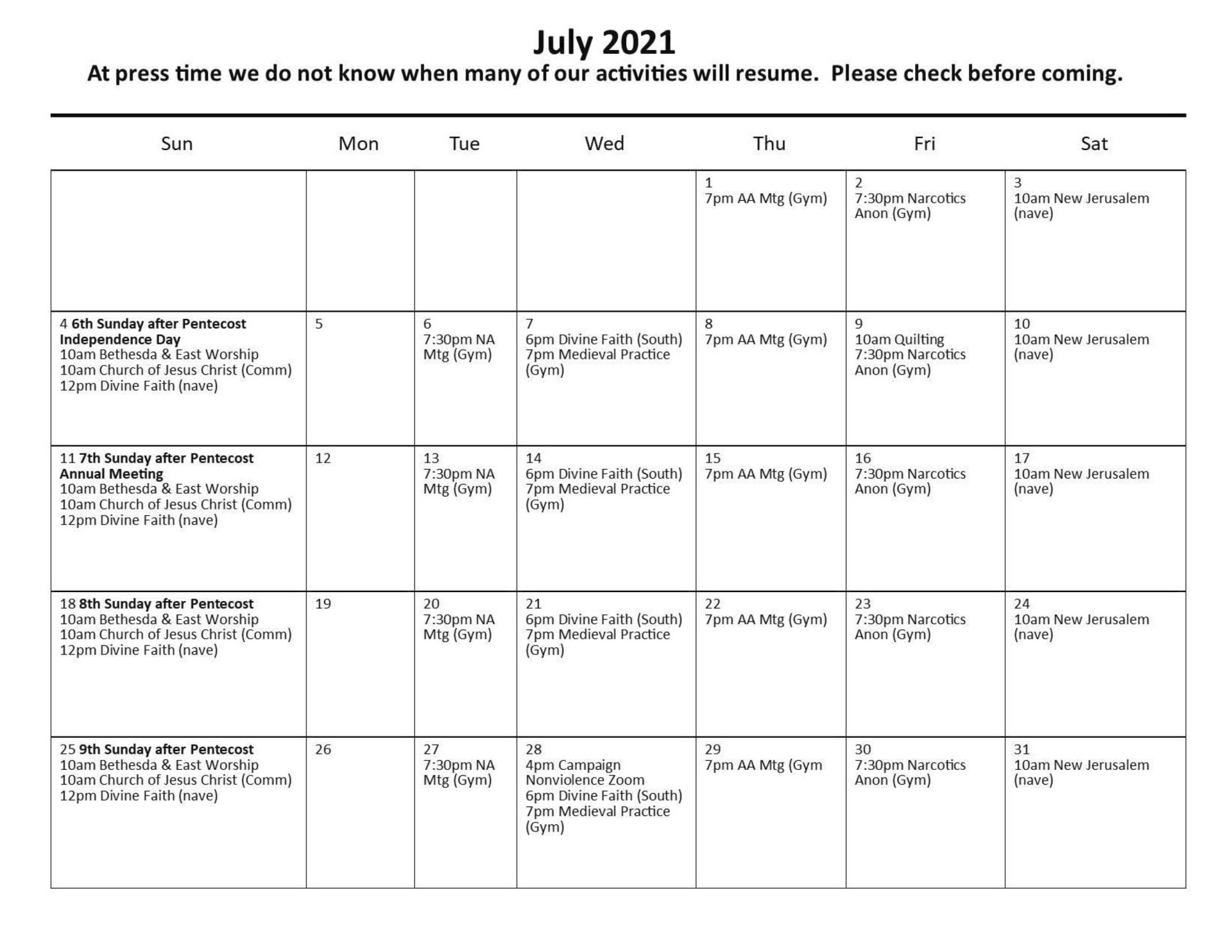 Calendar Of Events For The Churches At Island Pond In Springfield MA