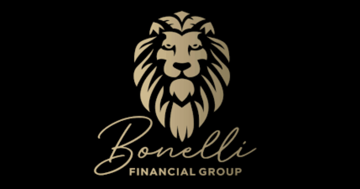 Black and gold Bonelli Financial Group logo with a stylized lion head and script lettering