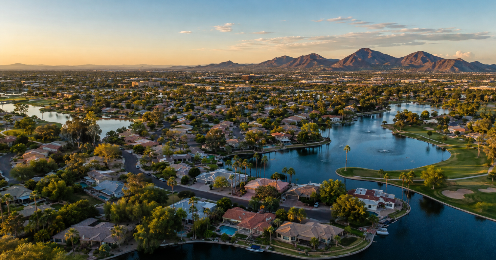 Aerial view of a suburban community with houses, waterways, and palm trees under a blue sky.