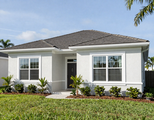 Single-story white house with gray roof, front windows, and landscaped yard under a clear blue sky