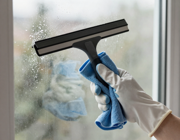 Gloved hand cleaning a foggy window with a blue cloth and squeegee