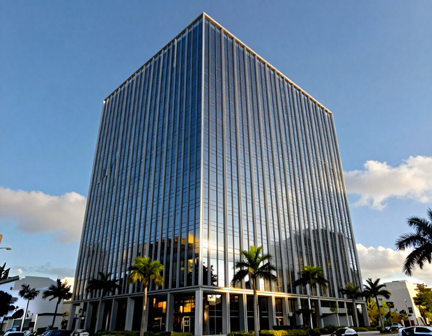 Tall glass office building with reflective windows against a blue sky