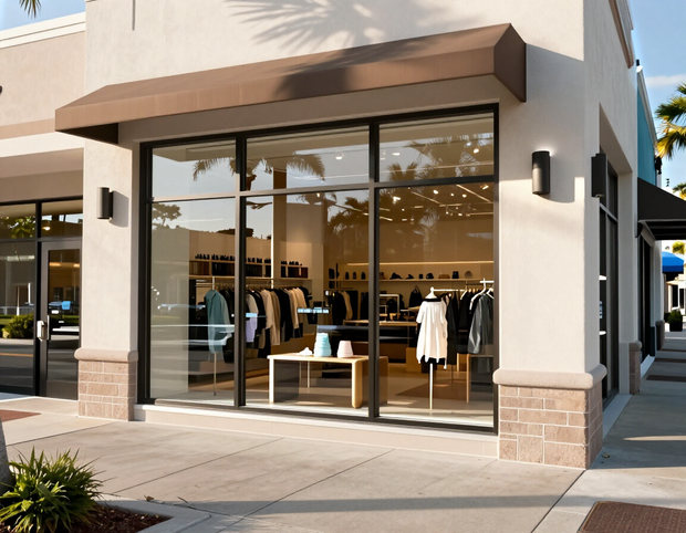 Storefront clothing boutique with large glass windows and a tan awning on a sunny street corner