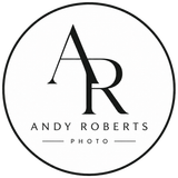 Black-and-white logo for Andy Roberts Photo with stylized AR monogram inside a circle