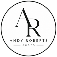 Black-and-white logo for Andy Roberts Photo with stylized AR monogram inside a circle