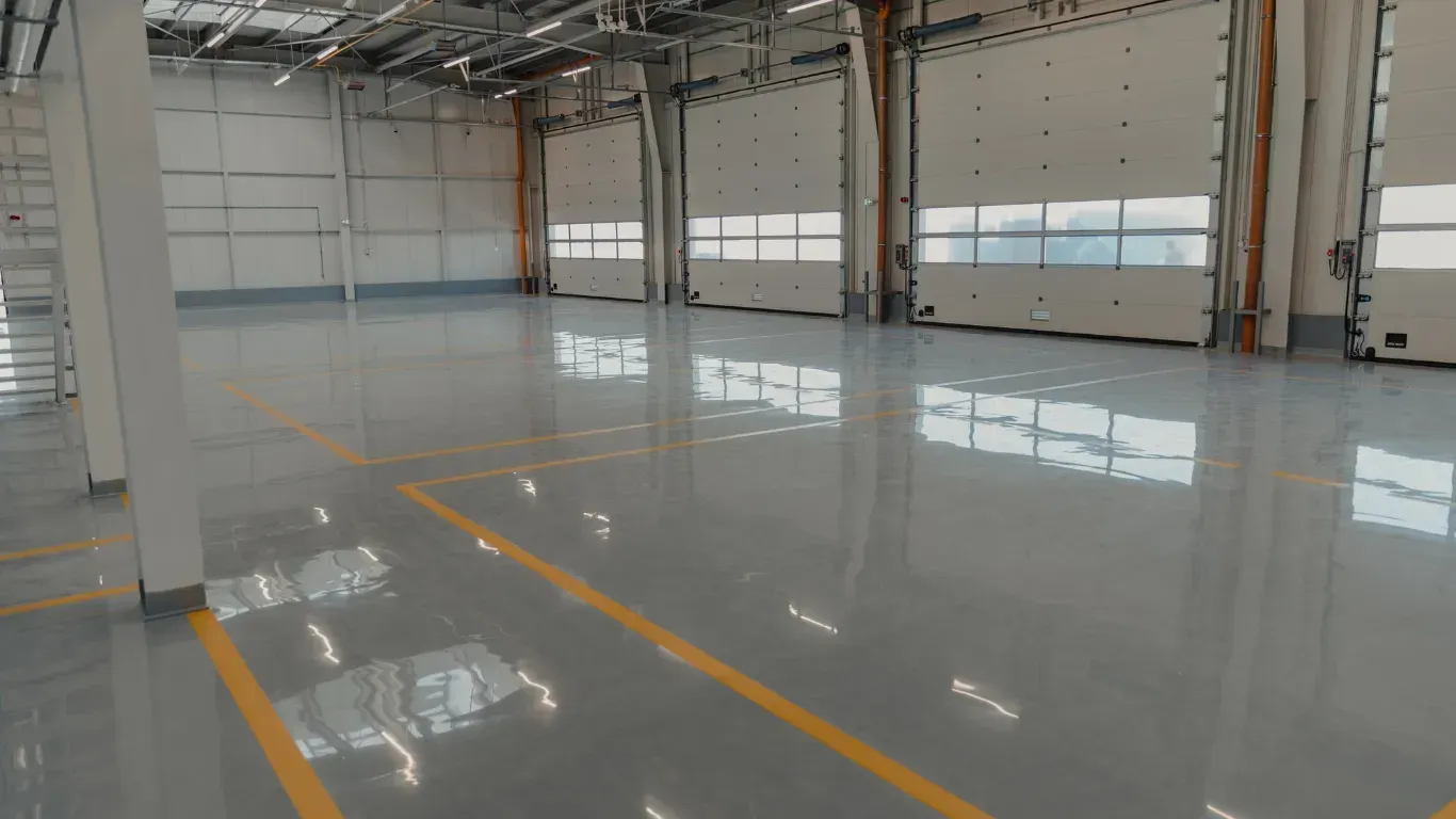 Empty warehouse interior with glossy gray floor, yellow lane markings, and large open bays