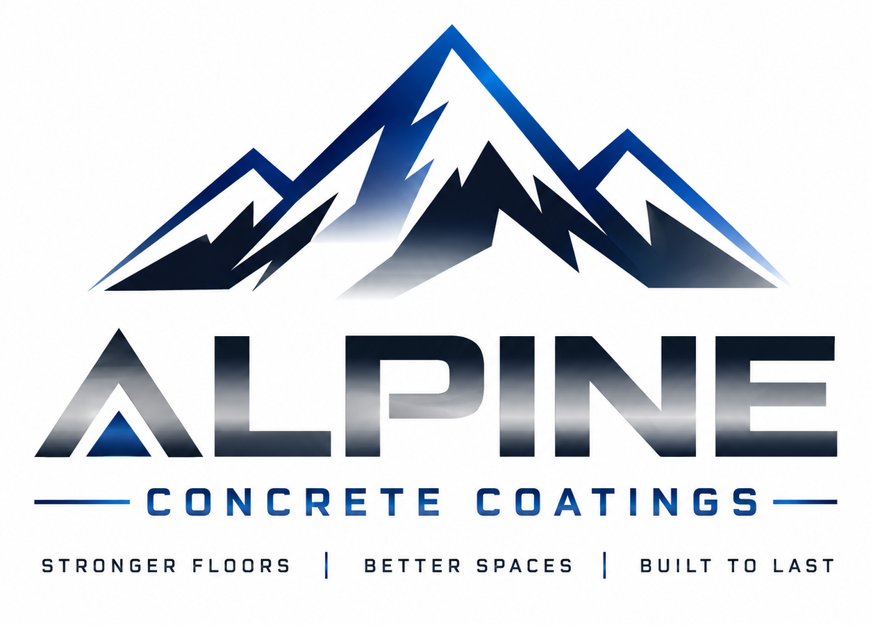 ALPINE Concrete Coatings logo with blue mountain graphic and tagline “Stronger Floors | Better Spaces | Built to Last”