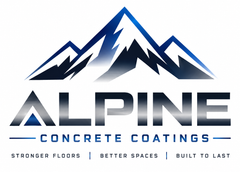 ALPINE Concrete Coatings logo with blue mountain graphic and tagline “Stronger Floors | Better Spaces | Built to Last”