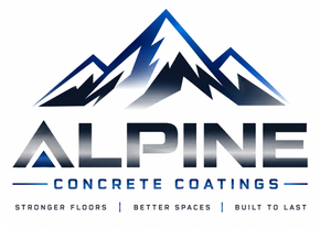 ALPINE Concrete Coatings logo with blue mountain graphic and tagline “Stronger Floors | Better Spaces | Built to Last”