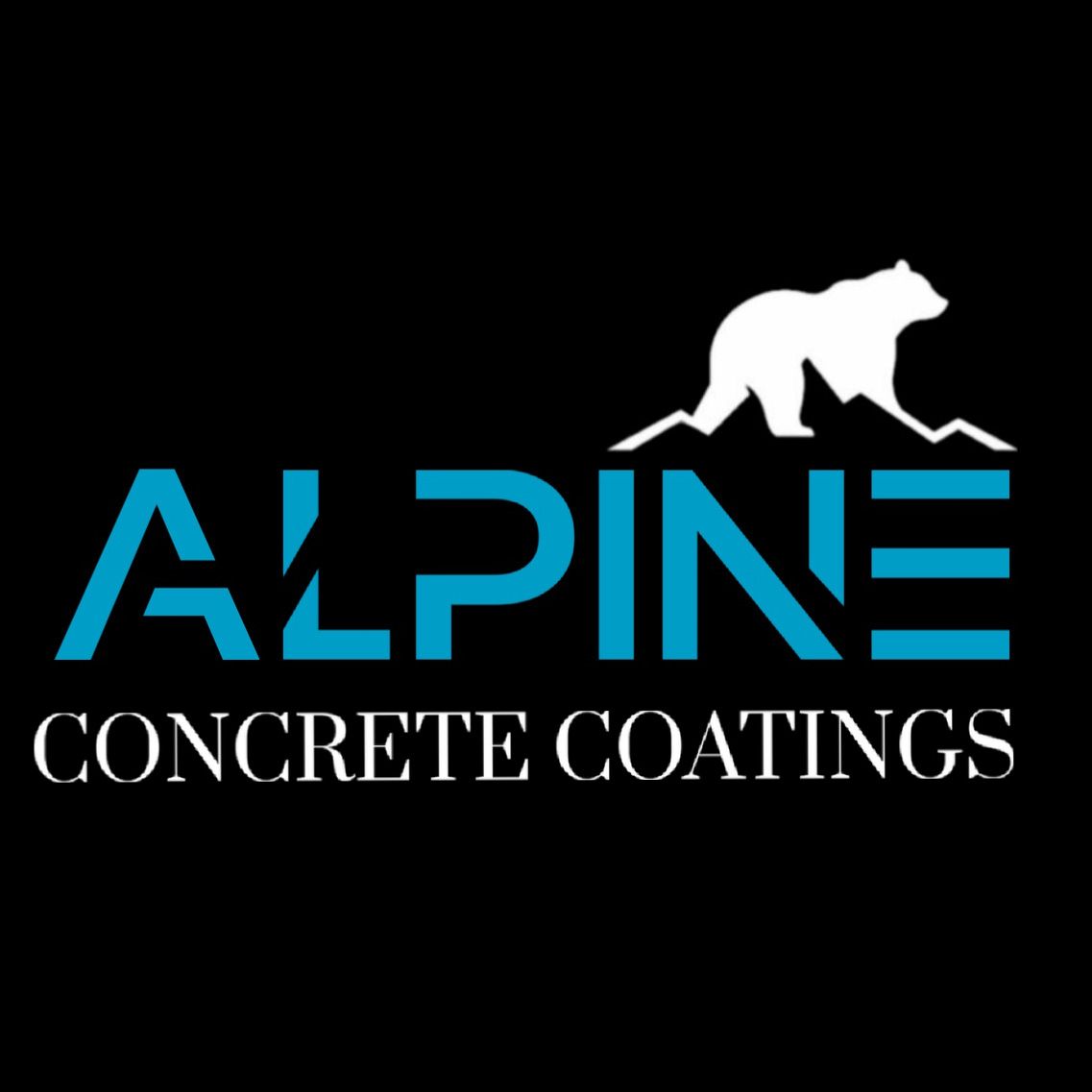 Alpine Concrete Coatings logo with blue text and a white mountain lion on a black background
