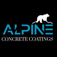 Alpine Concrete Coatings logo with blue text and a white mountain lion on a black background