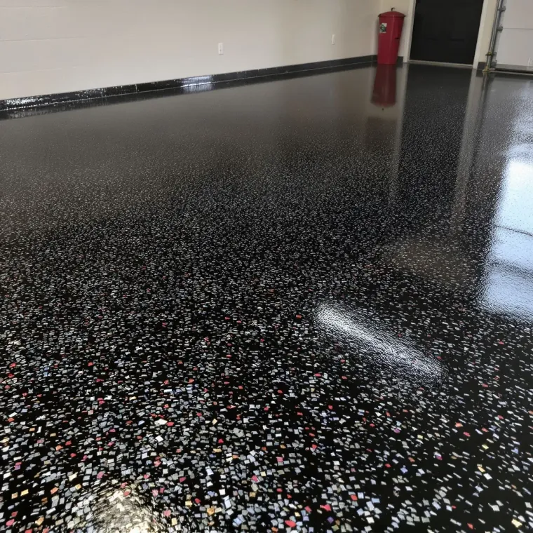 Glossy black speckled floor in an empty hallway with a red fire extinguisher on the wall