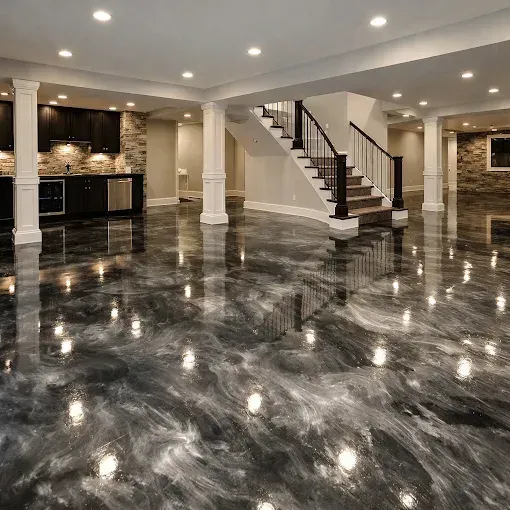 Elegant basement with glossy marble floor, recessed lights, staircase, columns, and stone accent walls.