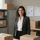 Un profesional sonriente, vestido con un blazer gris, se encuentra en una sala de archivo con cajas y archivadores.