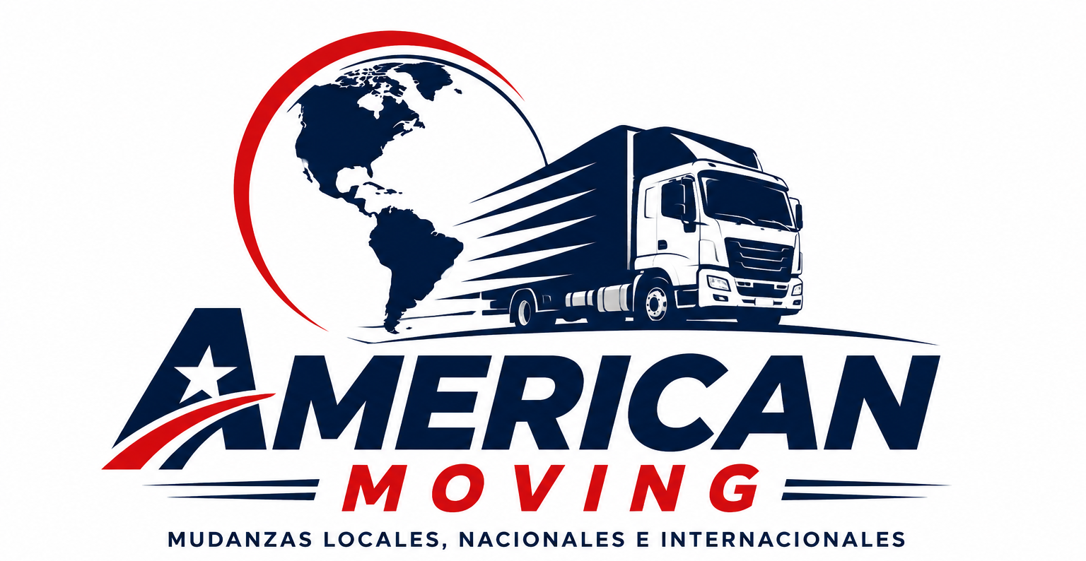Logotipo de American Moving con texto rojo, azul y blanco, gr&aacute;fico de un globo terr&aacute;queo e icono de un cami&oacute;n de mudanzas.